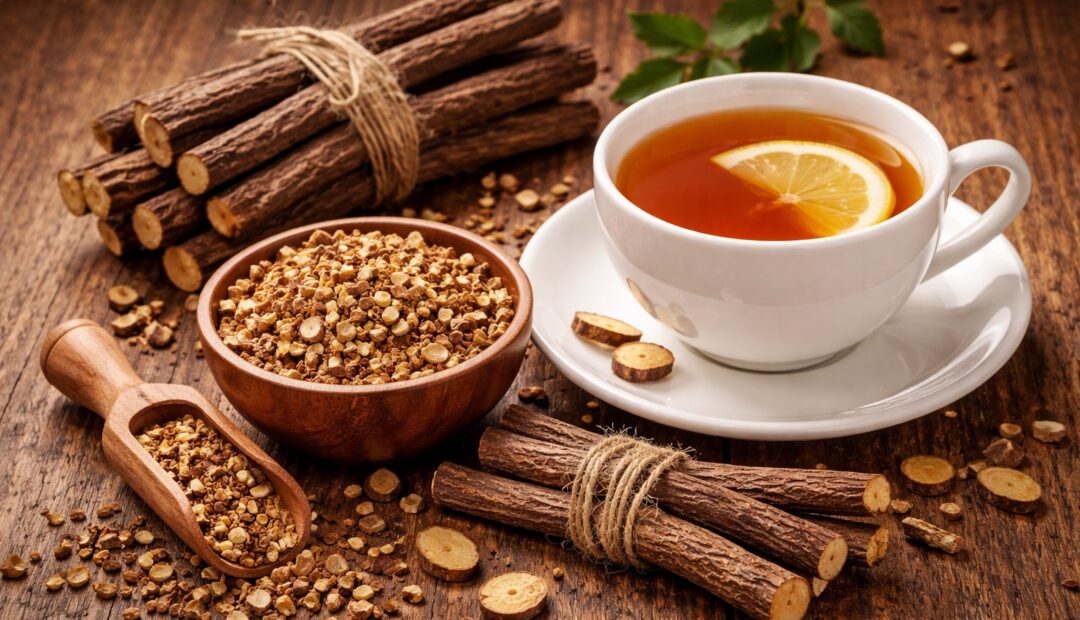 Auf einem dunklen Holztisch stehen eine Tasse Tee mit Zitrone und daneben sind eine Schale mit zerkleinertem Süßholz und zwei Bündel Süßholz