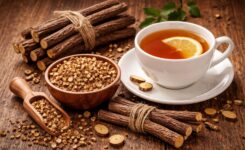 Auf einem dunklen Holztisch stehen eine Tasse Tee mit Zitrone und daneben sind eine Schale mit zerkleinertem Süßholz und zwei Bündel Süßholz