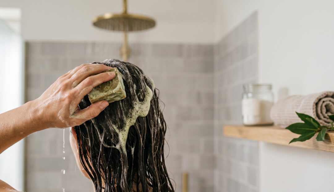 Frau unter der Dusche, die sich die Haare mit Aleppo-Seife wäscht.