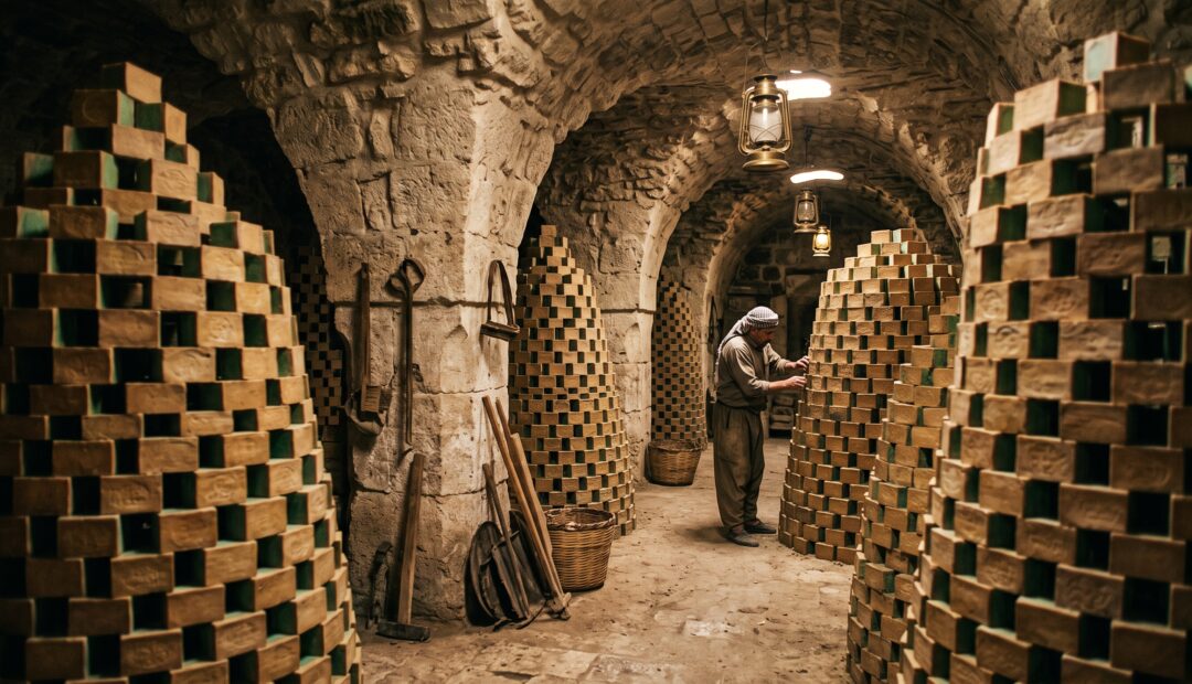 Mann in einem Gewölbekeller in dem Aleppo-Seifen als Pyramide zur Reifung aufgebaut sind